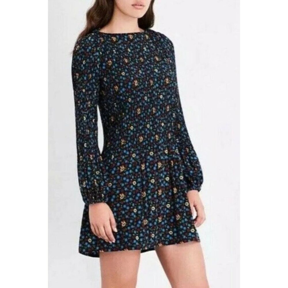 Maje Rockina Floral Pleated Dress Long Sleeve Boat Neck Multi Color Size 3